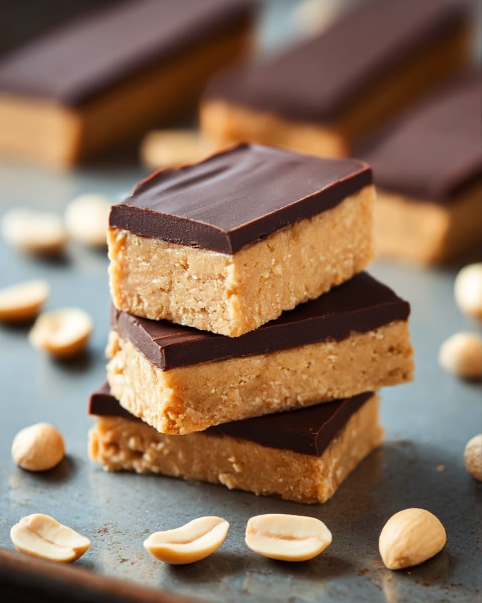 The image shows three rectangular peanut butter bars stacked in a pile on top of each other on a metal surface. Each bar has two layers: a thick, light brown peanut butter base with a slightly coarse texture, and a smooth, dark brown chocolate top layer. Around the stack are scattered whole and halved peanuts, adding detail to the scene. In the background, more bars are lightly blurred, also showing the same two layers. The overall color contrast between the light peanut butter and dark chocolate is clear. photo taken with an iphone --ar 4:5 --v 7