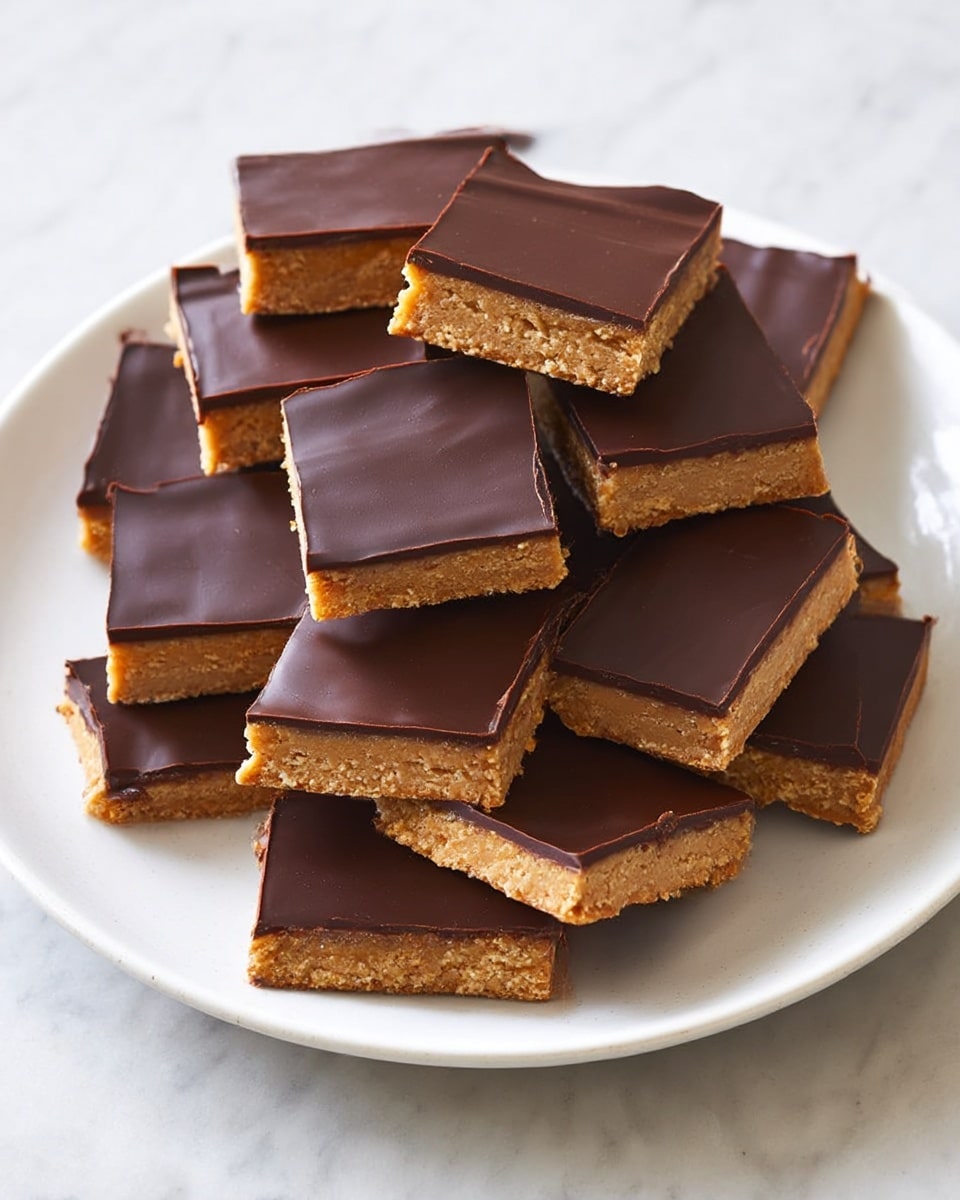 A white plate filled with many rectangular bars showing two layers each: the bottom layer is light brown with a rough texture, resembling a soft cookie or peanut butter base, and the top layer is a smooth, glossy dark brown chocolate sheet. The bars are stacked in a slightly messy pile with some overlapping, and the plate sits on a white marbled surface. photo taken with an iphone --ar 4:5 --v 7