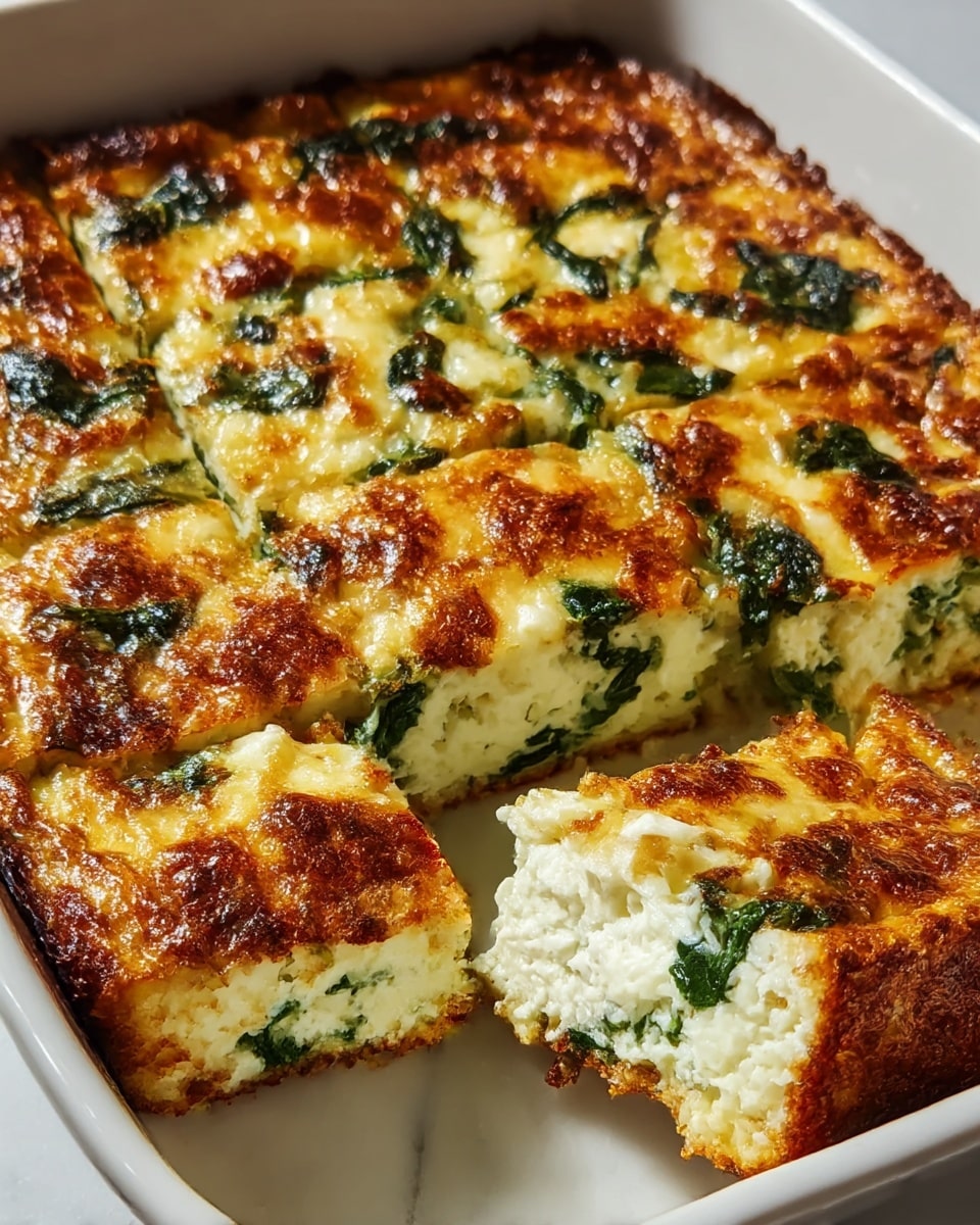 A browned, baked egg dish cut into square pieces sits in a white baking dish on a white marbled surface. The top layer is golden with browned, crispy spots, dotted with dark green leafy spinach scattered throughout. The middle layer is thick and creamy white with visible spinach mixed in, giving a textured and fluffy look. The edges are slightly crispy and browned, showing a soft, moist inside. One piece is slightly pulled out from the rest, highlighting the soft layers inside. photo taken with an iphone --ar 4:5 --v 7