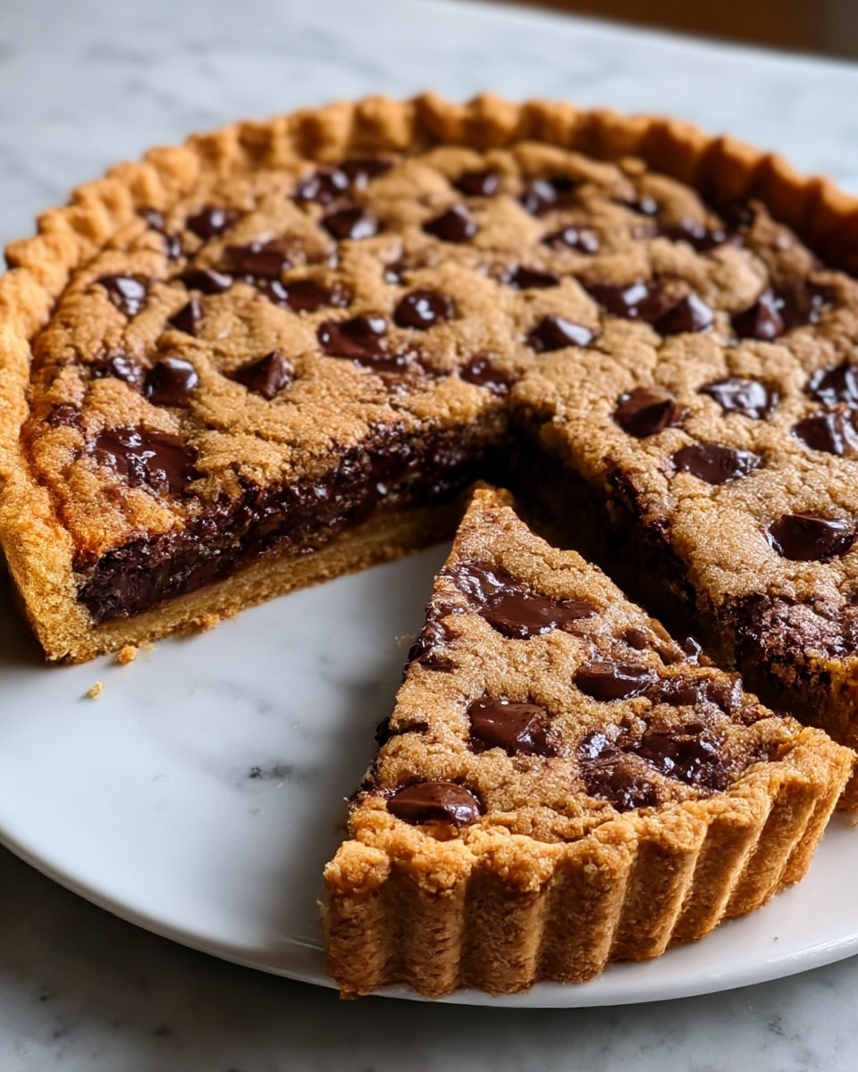 The image shows a round pie with a thick golden-brown crust that is crimped around the edges. Inside, the pie is filled with a dense, cookie-like layer that is dotted generously with glossy, melted dark chocolate chips. One slice has been cut and slightly pulled out, revealing the rich, gooey texture of the chocolate chip filling inside the same crust. The pie is placed on a white plate on a white marbled surface. photo taken with an iphone --ar 4:5 --v 7