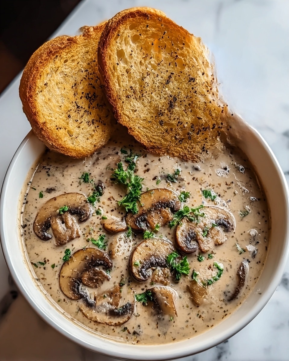 A bowl of creamy mushroom soup filled with sliced brown mushrooms in a light beige thick broth, sprinkled with small green parsley leaves and cracked black pepper on top, with two toasted golden brown slices of bread placed upright inside the bowl; the bowl is white against a white marbled surface. photo taken with an iphone --ar 4:5 --v 7