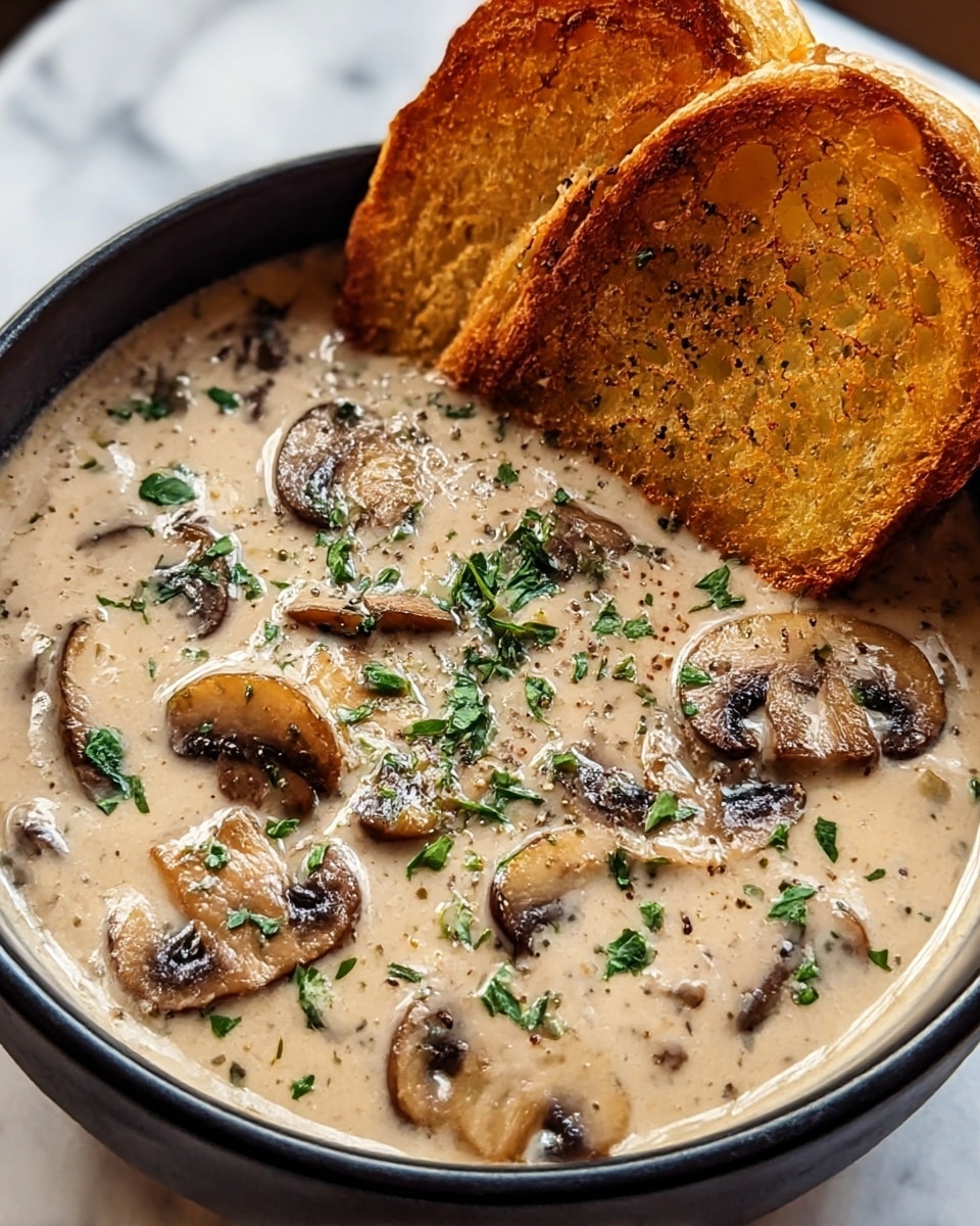 A close-up of a creamy mushroom soup in a black bowl with a smooth, light beige base filled with visible slices of brown mushrooms scattered throughout. The soup's surface is slightly glossy with a sprinkle of finely chopped green herbs and coarse black pepper on top. Two toasted bread slices with a golden-brown crust rest leaning against the inside edge of the bowl, partially dipped into the soup. The background is a white marbled surface, softly blurred to keep focus on the soup. Photo taken with an iphone --ar 4:5 --v 7