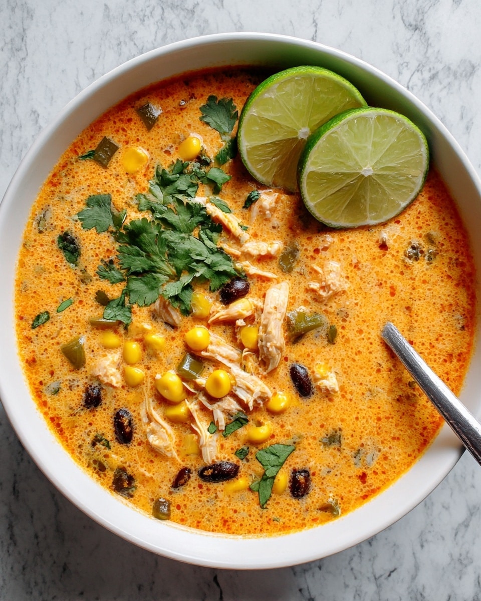 A white bowl filled with creamy orange soup that has small pieces of green peppers, yellow corn, black beans, and shredded chicken scattered throughout. On top, two bright green lime wedges rest beside fresh green cilantro leaves. A silver spoon is partially submerged on the right side of the bowl. The bowl sits on a surface with a white marbled texture. photo taken with an iphone --ar 4:5 --v 7