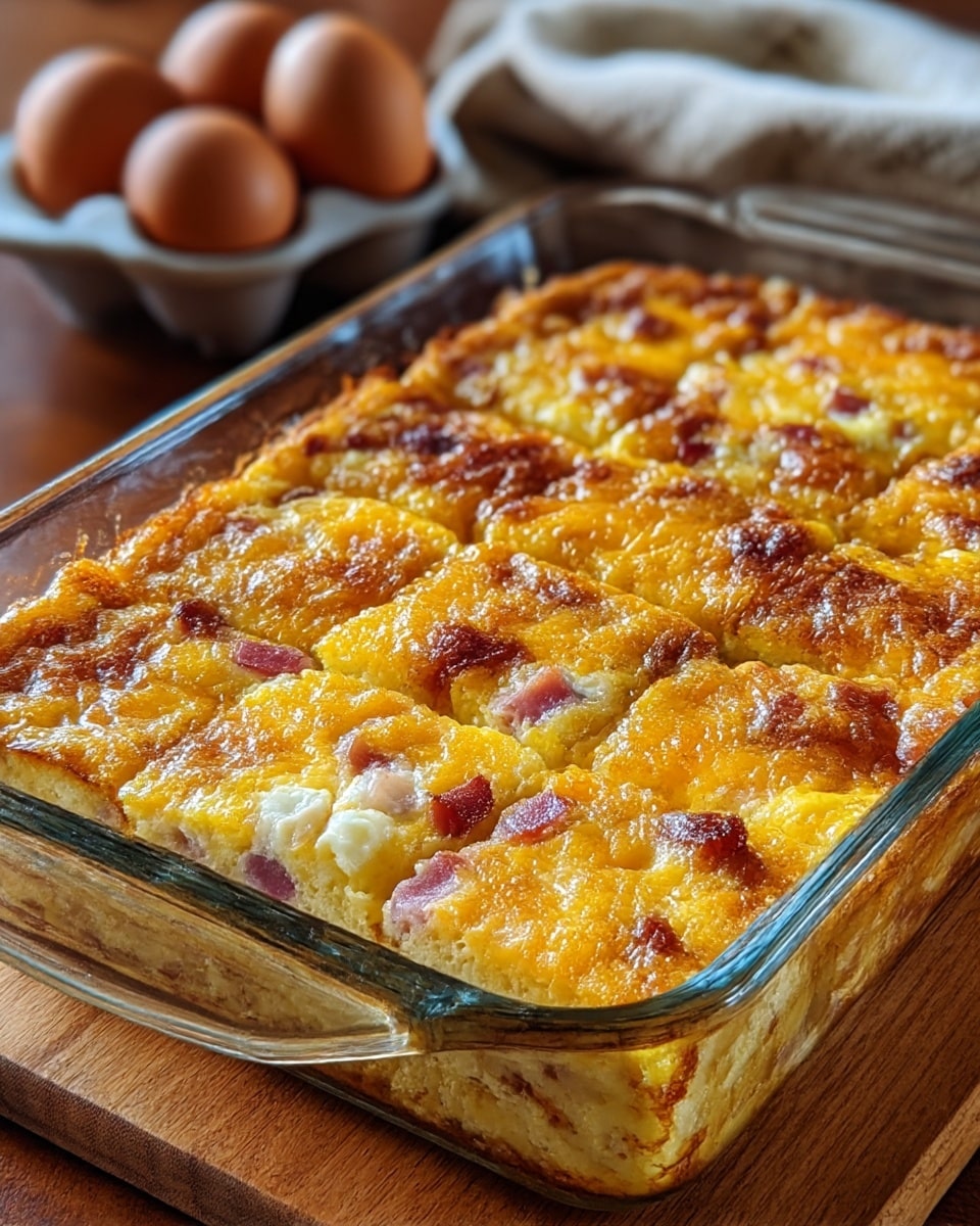 A glass baking dish filled with a golden-brown baked casserole cut into nine square pieces. The top layer is slightly crispy with a mix of melted cheese that is yellow-orange in color and patches of browned spots. Underneath the crisp layer, the eggs look soft and fluffy with light yellow color mixed with bits of pink ham and white chunks, likely cheese or eggs, visible through the sides. The casserole fills the dish evenly, creating a uniform height and texture. The dish sits on a wooden board, with brown eggs and neutral cloth blurred in the background. Photo taken with an iphone --ar 4:5 --v 7