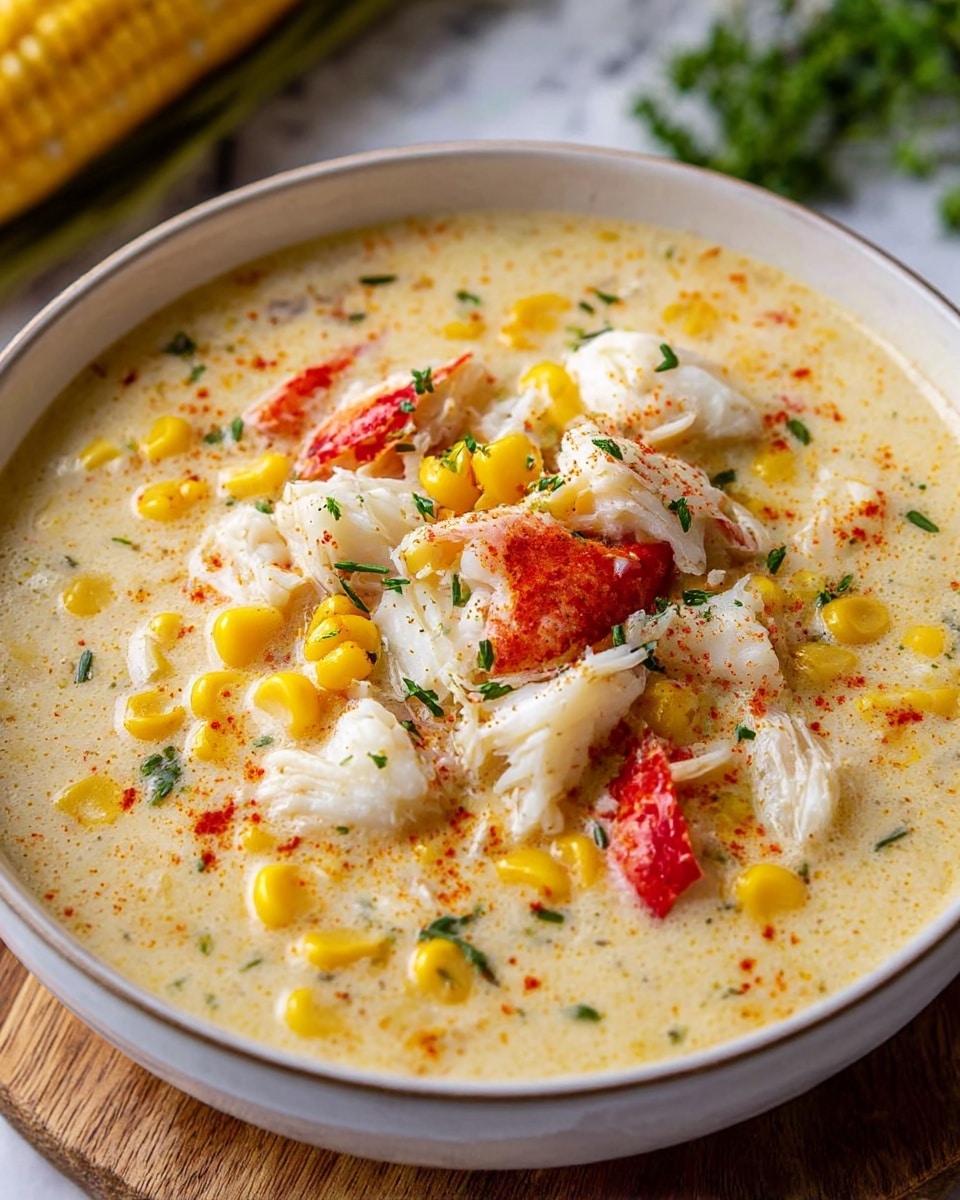 A shallow white bowl filled with a creamy soup that has a thick, pale yellow base. Inside the soup, there are bright yellow corn kernels scattered throughout, soft white chunks of crab meat with red tips, and small green herbs sprinkled over the top. The surface is lightly dusted with red paprika, adding a subtle pop of color. The bowl is placed on a wooden board, and the background shows a white marbled texture with a hint of corn and green herbs blurred out. Photo taken with an iphone --ar 4:5 --v 7