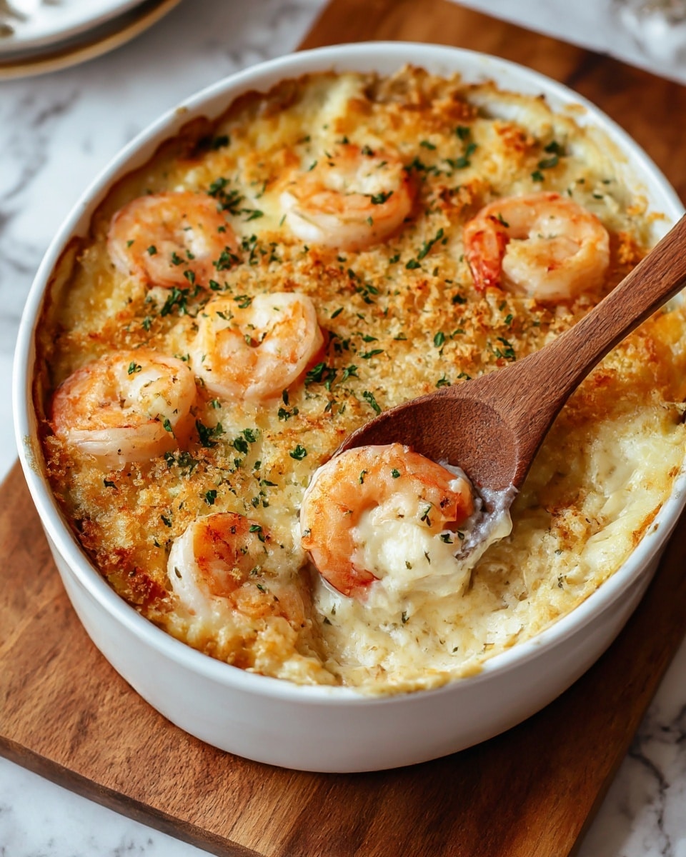 A white round casserole dish filled with a creamy, golden baked shrimp gratin. The top layer is lightly browned with melted cheese and crispy breadcrumbs sprinkled with green herbs. Several pink, curled shrimp sit on the surface, slightly charred on edges. A wooden spoon scoops out part of the creamy inside, revealing a smooth, pale sauce beneath the crust. The dish rests on a wooden board against a white marbled texture background. Photo taken with an iphone --ar 4:5 --v 7