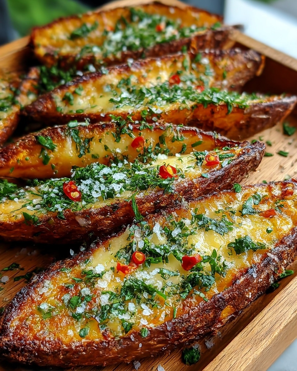The image shows several crispy potato wedges arranged neatly on a wooden tray, each wedge having a browned, crunchy outer layer with slightly charred edges. On top of the wedges is a melted cheese layer that appears golden and bubbly, sprinkled heavily with chopped green herbs and coarse salt crystals. Small red chili flakes are scattered across for extra color and texture. The close-up view highlights the crispy texture and the fresh herbs, all displayed on a smooth wooden tray with a blurred green and white background behind. photo taken with an iphone --ar 4:5 --v 7