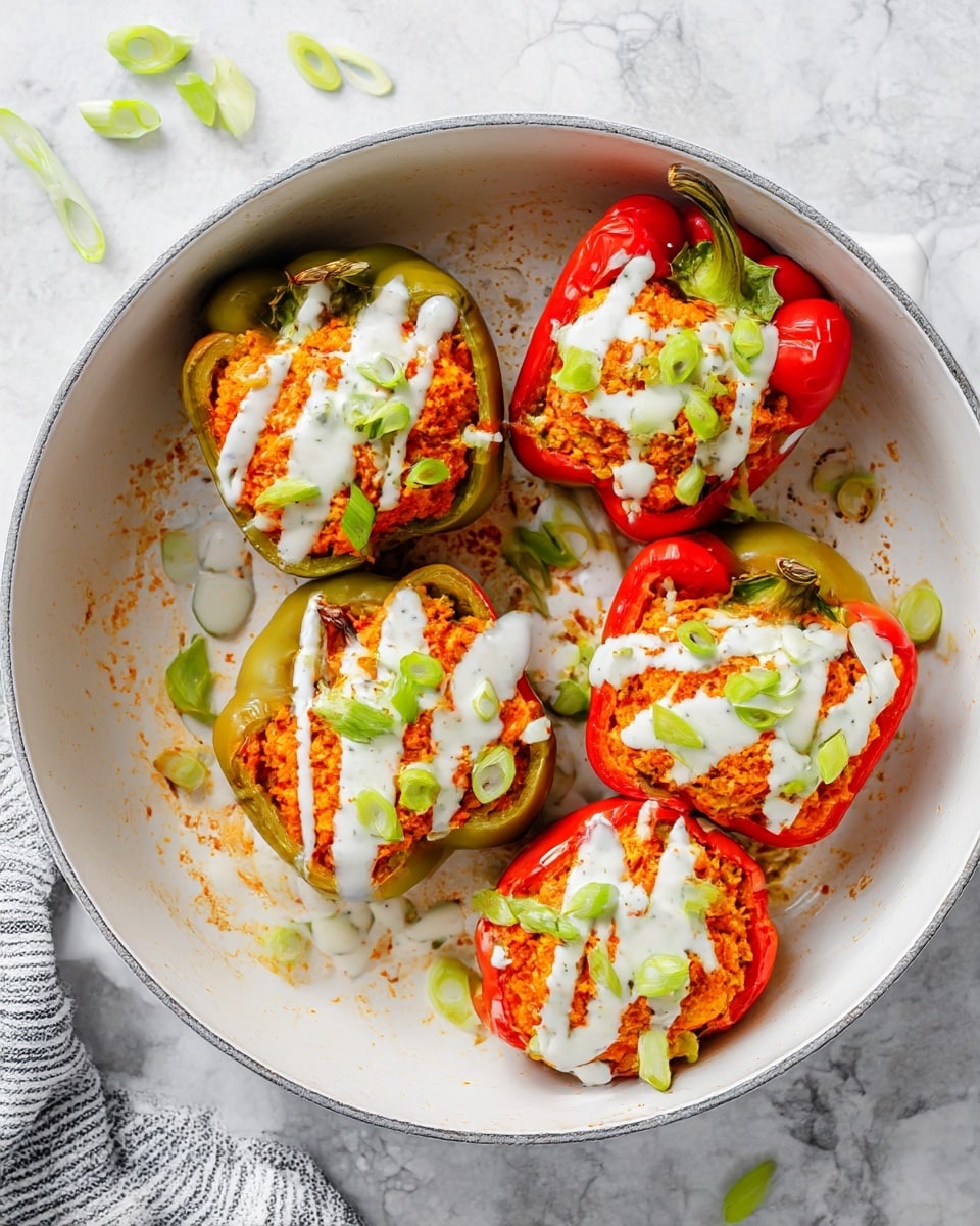 A white round pan holds six stuffed bell pepper halves arranged neatly, with the peppers being both red and green. Each pepper half is filled with a textured orange mixture, slightly browned on top, and drizzled with white creamy sauce scattered evenly over the filling. Bright green sliced scallions are spread on top, adding fresh color. The pan sits on a white marbled surface with a few scallion slices scattered around, and a part of a striped cloth is visible in the lower-left corner. photo taken with an iphone --ar 4:5 --v 7