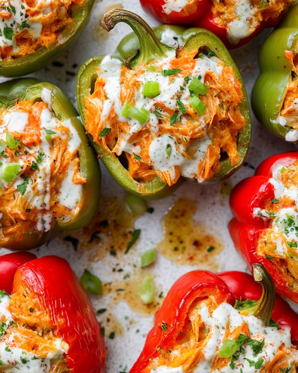 The image shows several stuffed bell peppers cut in halves, with three green and four red peppers visible. Each pepper is filled with a creamy orange mixture that looks like shredded chicken or cheese mixed with sauce. The filling is topped with a drizzle of white ranch dressing sprinkled with small green scallion rings and chopped parsley for garnish. The peppers rest close together on a white marbled textured surface, with a few oil drips and browned spots around them. The red peppers have smooth, shiny skin, while the green peppers are vibrant and slightly wrinkled. photo taken with an iphone --ar 4:5 --v 7