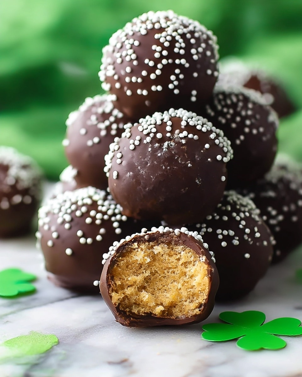 A close-up of several round chocolate-coated balls stacked on a white marbled surface. Each ball is covered with small white round sprinkles on the shiny dark chocolate shell. One ball is bitten, showing a light golden, crumbly inside with a soft texture. A few green shamrock-shaped paper cutouts lie near the balls on the surface. The background is blurred green. photo taken with an iphone --ar 4:5 --v 7