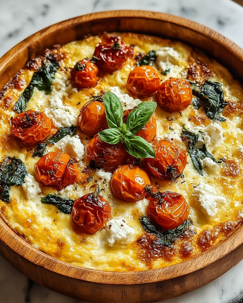 A round dish with a golden brown bubbly baked cheese base, topped with several roasted cherry tomatoes that are bright orange to deep orange with a shiny, wrinkled texture. Scattered pieces of white soft cheese and wilted dark green spinach leaves add contrast on top. Small green basil leaves sit in the center for garnish. The dish is in a wooden bowl placed on a white marbled surface. photo taken with an iphone --ar 4:5 --v 7