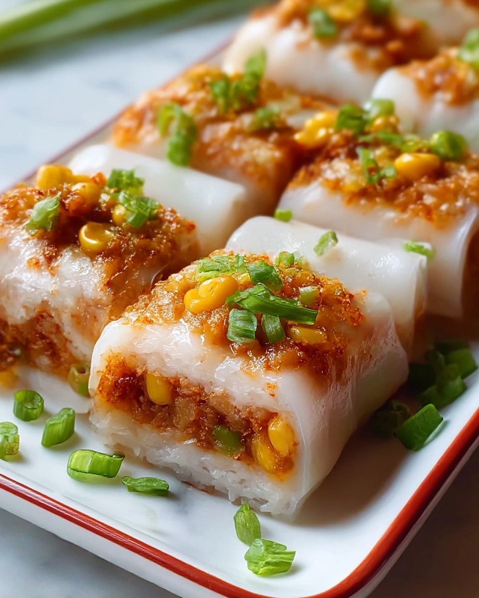 The dish shows several pieces of translucent white rice rolls arranged closely on a white rectangular plate with a thin reddish border, placed on a white marbled surface. Each rice roll has three visible layers inside: a base layer of sticky white rice, a middle layer of orange-brown minced filling mixed with small yellow corn kernels, and a top layer of more minced filling and corn with chopped green onions sprinkled on top and around the plate for garnish. The texture of the rice wrapper is smooth and glossy, while the filling looks crumbly and juicy with a bit of oil shine. photo taken with an iphone --ar 4:5 --v 7