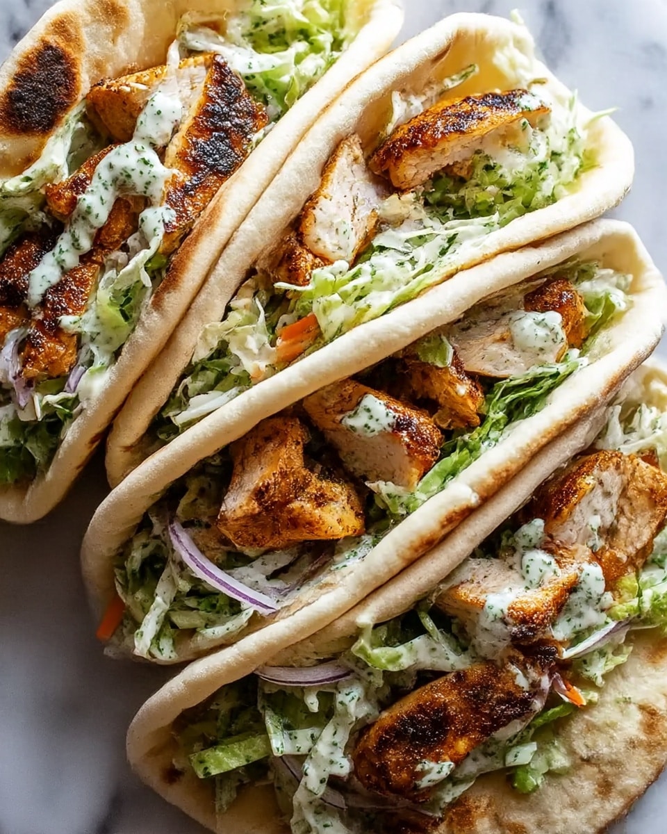 Three soft white pita breads are folded in half, each filled with layers of grilled chicken pieces that have a golden brown, slightly charred skin. Beneath the chicken, there is a thick layer of shredded lettuce mixed with thin slices of red onion and small bits of orange carrot, all coated in a creamy green herb dressing. The pitas are placed closely together on a white marbled surface, showing the fresh and hearty filling inside. The image looks bright and close up, showing the texture of the grilled chicken and the creamy salad inside the bread. photo taken with an iphone --ar 4:5 --v 7