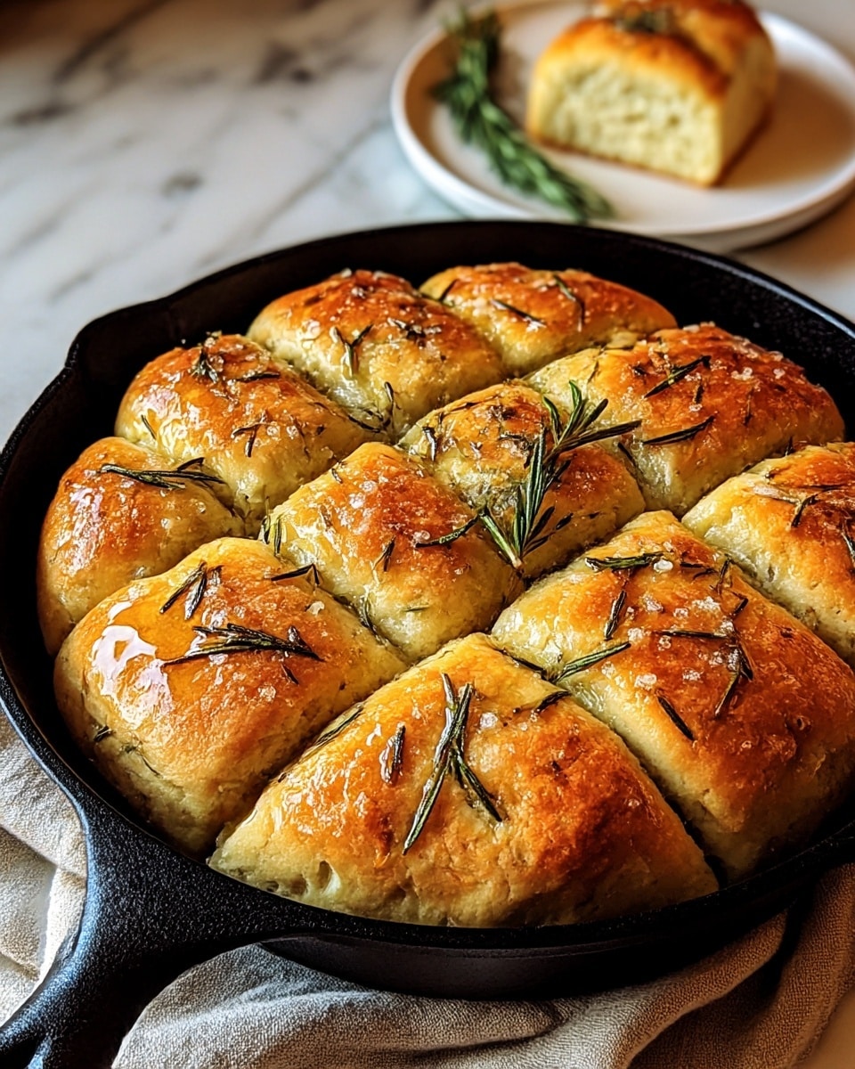 A round, golden-brown focaccia bread sits in a black cast iron pan, its surface divided into nine large square sections with visible fluffy texture inside the cuts. The top layer is shiny from oil, sprinkled with coarse salt flakes and fresh green rosemary sprigs evenly spread, giving a textured and herb-lined look. The pan rests on a folded beige cloth over a white marbled surface. In the soft background, a white plate holds a small piece of similar bread with a few rosemary sprigs. Photo taken with an iphone --ar 4:5 --v 7