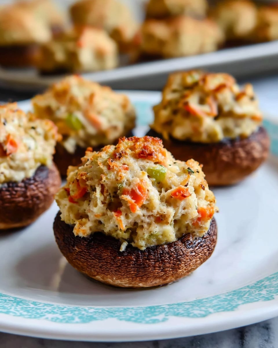 Four stuffed mushrooms are arranged on a white plate with a light blue patterned edge, placed on a white marbled surface. Each mushroom has one layer of dark brown mushroom base, topped with a thick layer of light beige filling mixed with small pieces of orange and green vegetables, showing a slightly crispy golden top. The textured filling looks creamy and slightly chunky, spilling over the edges of the mushrooms. The focus is on the closest mushroom with a blurred background of more stuffed mushrooms and a baking tray. photo taken with an iphone --ar 4:5 --v 7