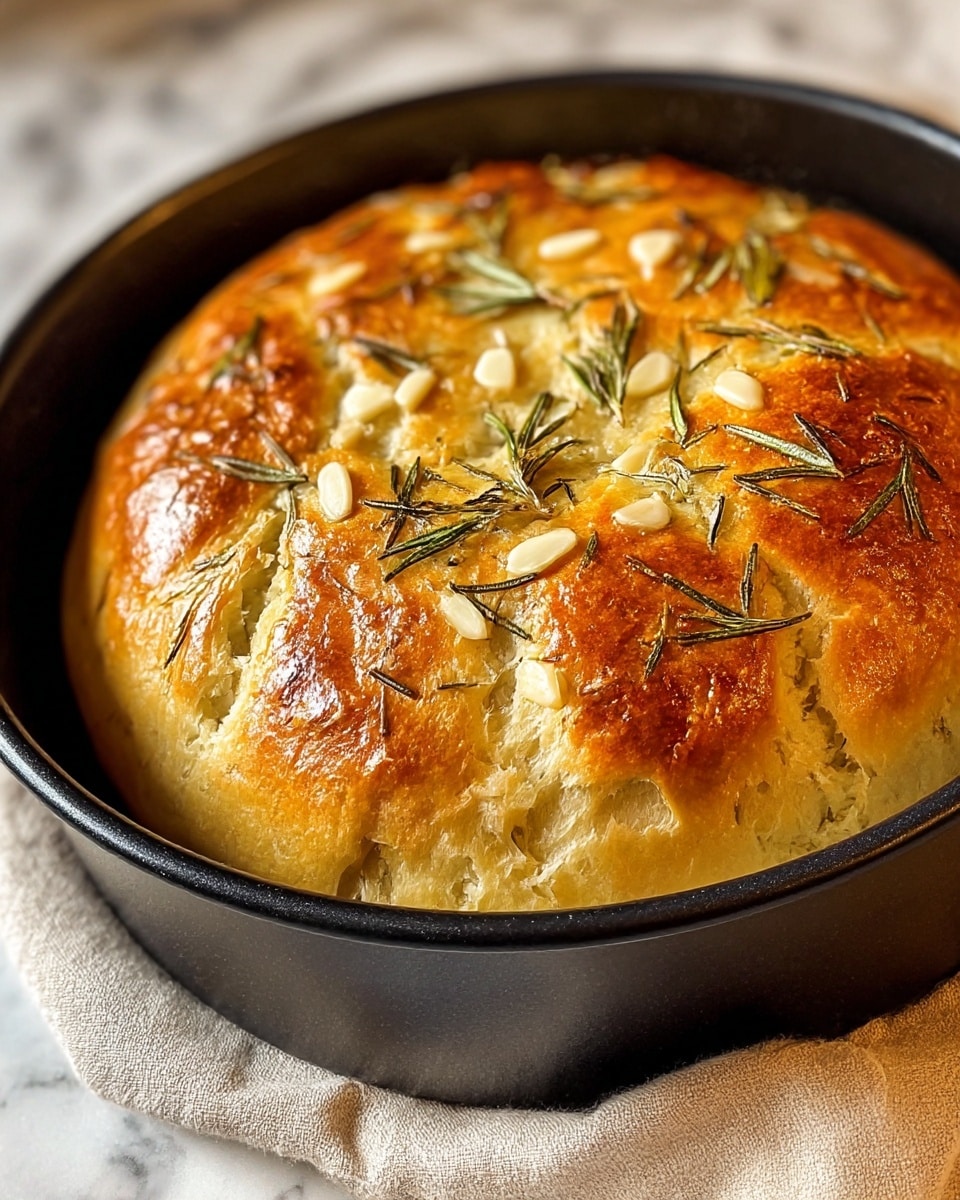 The image shows a round, rustic loaf of bread baked in a black round pan. The top of the bread is golden brown with a shiny, slightly crispy crust sprinkled with bits of rosemary and small pieces of garlic. The bread has deep cuts on the surface, creating a flower-like pattern with five petal-shaped sections around the center, where sprigs of fresh green rosemary sit. The texture of the bread looks soft and airy inside, visible through the cuts, and the crust has a light flake and crackle. It is placed on a white marbled texture. photo taken with an iphone --ar 4:5 --v 7