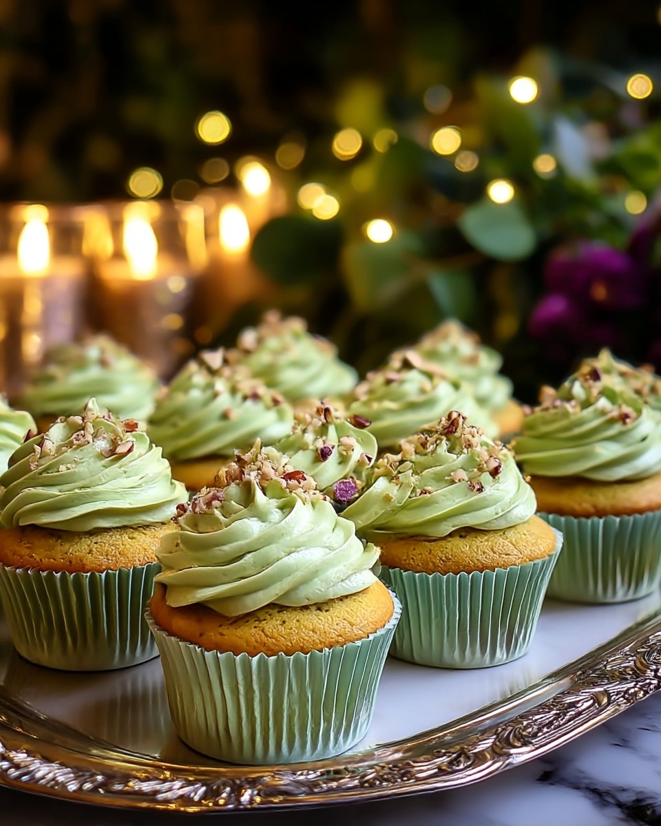 A tray filled with two rows of golden yellow cupcakes each topped with a generous swirl of light green frosting. The frosting is smooth and creamy, crowned with small pieces of crushed nuts that add texture and color contrast. The cupcakes sit in matching light green liners, neatly arranged on an ornate silver tray. In the background, there are soft glowing lights and blurred greenery, creating a warm ambiance. The surface beneath the tray is a white marbled texture. Photo taken with an iphone --ar 4:5 --v 7