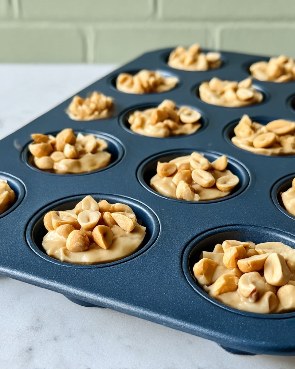 A dark blue mini muffin tray filled with small round portions of a creamy beige mixture, each topped generously with whole light brown peanuts. The tray rests on a white marbled surface. The creamy layer looks smooth and thick, filling each round cup near the top, and the peanuts are spread unevenly, creating a textured top layer. The background shows a pale green brick wall, giving a home kitchen feel. Photo taken with an iphone --ar 4:5 --v 7