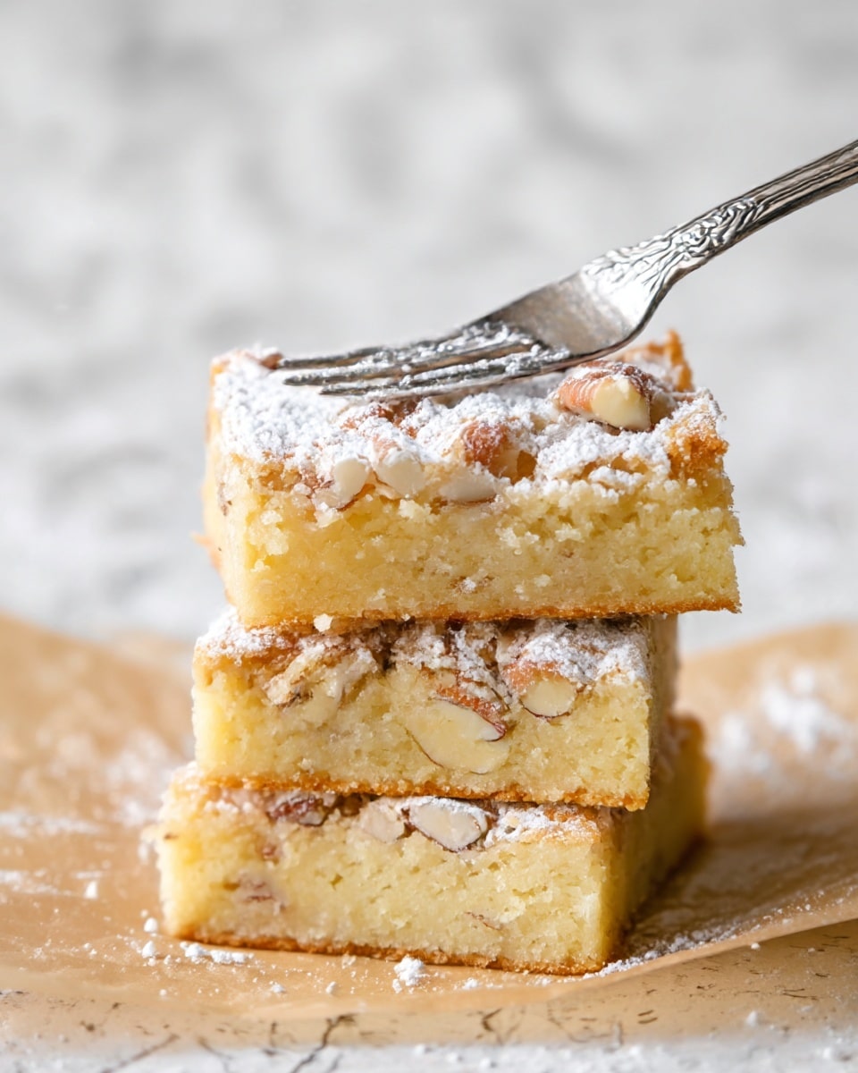 The image shows a stack of three square blondies on parchment paper. Each blondie has a dense, light golden yellow base with a slightly crumbly texture. The top is covered with chopped nuts, mostly pecans, and dusted with white powdered sugar, adding a soft, powdery look. Resting on the top blondie is a silver fork with ornate engravings, angled upwards. The background has a white marbled texture. Photo taken with an iphone --ar 4:5 --v 7