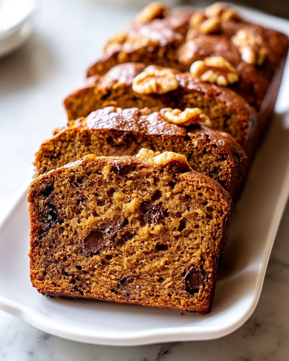 A sliced loaf of moist brown cake sits on a white plate with rounded edges, arranged in a row showing the soft crumb and dark chocolate chunks inside each slice. The top layer is slightly rough with a shiny texture, decorated with whole walnuts that add contrast and texture. The cake looks dense yet soft, with the warm brown color of baked spices and chocolate mixing throughout. The background is a white marbled surface, adding a clean and elegant touch to the scene. Photo taken with an iphone --ar 4:5 --v 7