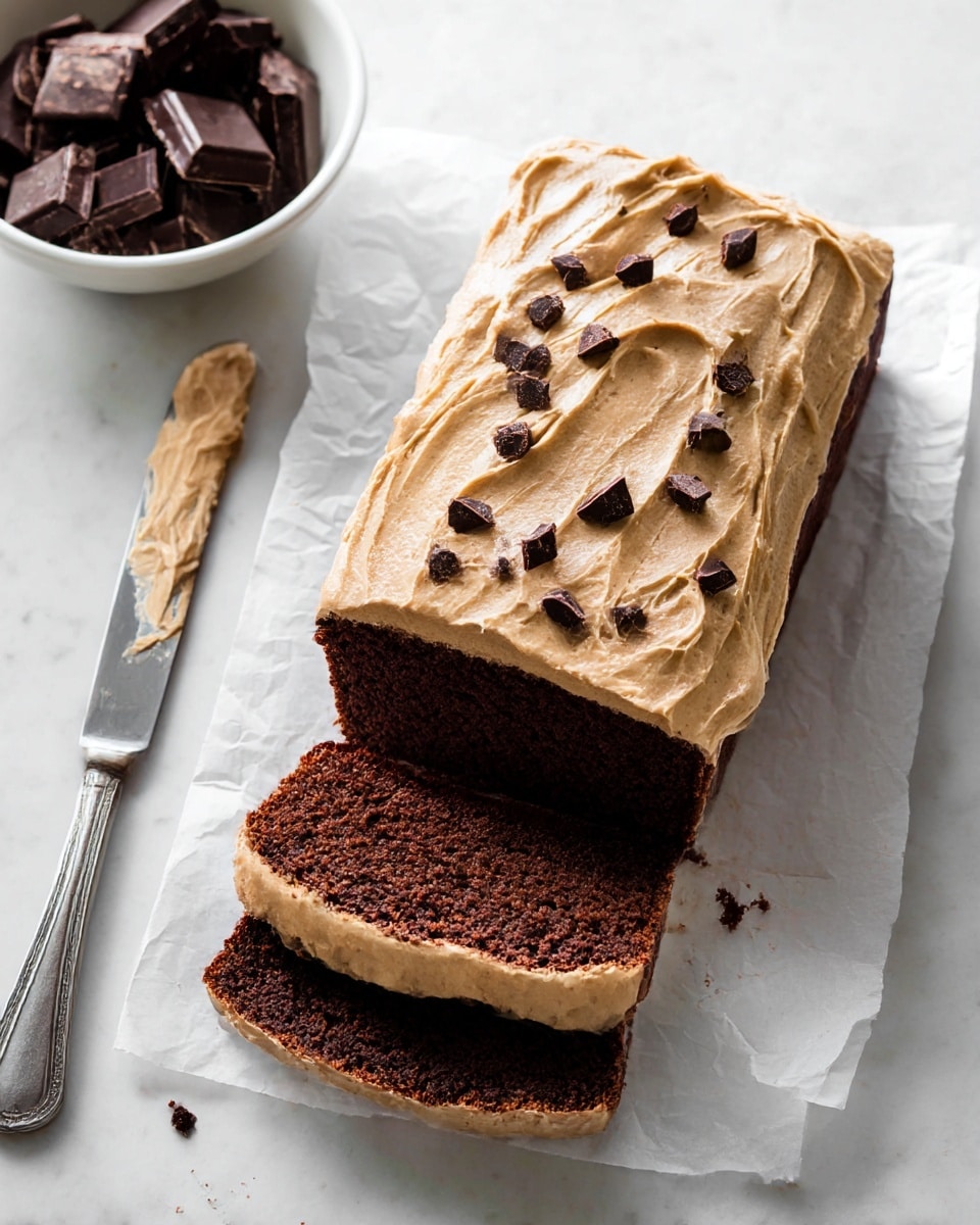 A sliced chocolate loaf cake with one thick dark brown layer on the bottom and a smooth light brown frosting layer on top, spread unevenly with swirled texture. Small dark chocolate chunks are scattered over the frosting. The cake rests on white parchment paper over a white marbled surface. Nearby is a silver knife with light brown frosting on its blade, and a white bowl filled with dark chocolate pieces is partly visible. Photo taken with an iphone --ar 4:5 --v 7