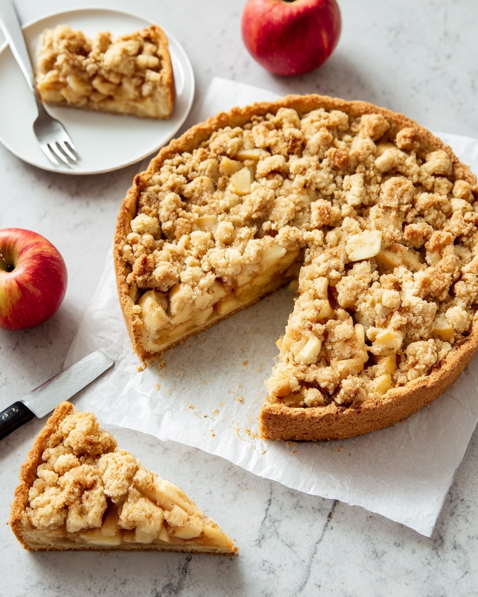 A round apple crumble pie with a thick, golden-brown crust forms the base layer, topped with a layer of soft, cooked apple chunks mixed with cinnamon that show a warm golden color. The top layer is a crumbly, light golden streusel with small and large clumps scattered unevenly over the apples. A single slice is cut out from the pie, showing all three layers clearly. The pie sits on white parchment paper over a white marbled surface. Nearby, a white plate holds the cut slice with a fork, and two red apples and a knife rest around the pie. Photo taken with an iphone --ar 4:5 --v 7