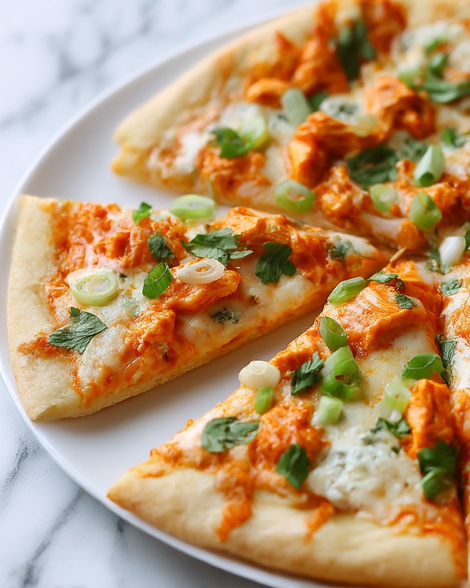 The image shows a close-up of a buffalo chicken pizza on a white plate, placed on a white marbled surface. The pizza has three main layers: the base is a light golden, thin crust with a slightly crispy edge. The second layer is melted white cheese that covers the entire crust evenly. On top, there are bright orange chunks of buffalo chicken spread across the pizza, with scattered pieces of fresh green herbs and thinly sliced green onions adding vibrant color. The texture looks soft and gooey with a few spots where the cheese is slightly browned. The photo taken with an iphone --ar 4:5 --v 7