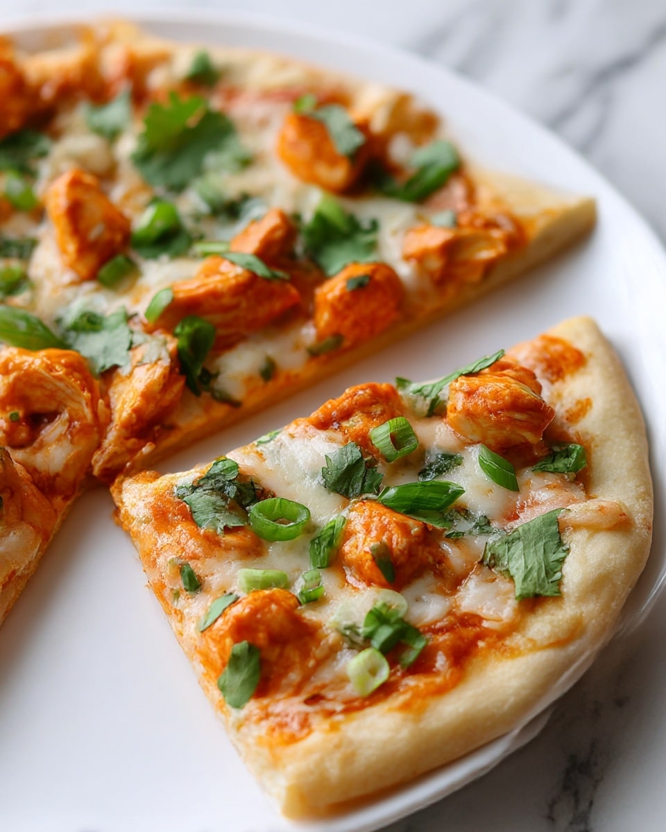 The image shows a close-up of a pizza slice on a white plate placed on a white marbled surface. The pizza has three main layers: a golden-brown thin crust at the bottom with a soft texture, a layer of melted white cheese covering the crust, and chunks of orange buffalo chicken scattered on top. Green cilantro leaves and chopped green onions are distributed evenly over the chicken pieces, adding a fresh touch and color contrast. The melted cheese has slightly browned edges, and the sauce beneath peeks through in some areas, giving the pizza a rich and inviting look. photo taken with an iphone --ar 4:5 --v 7
