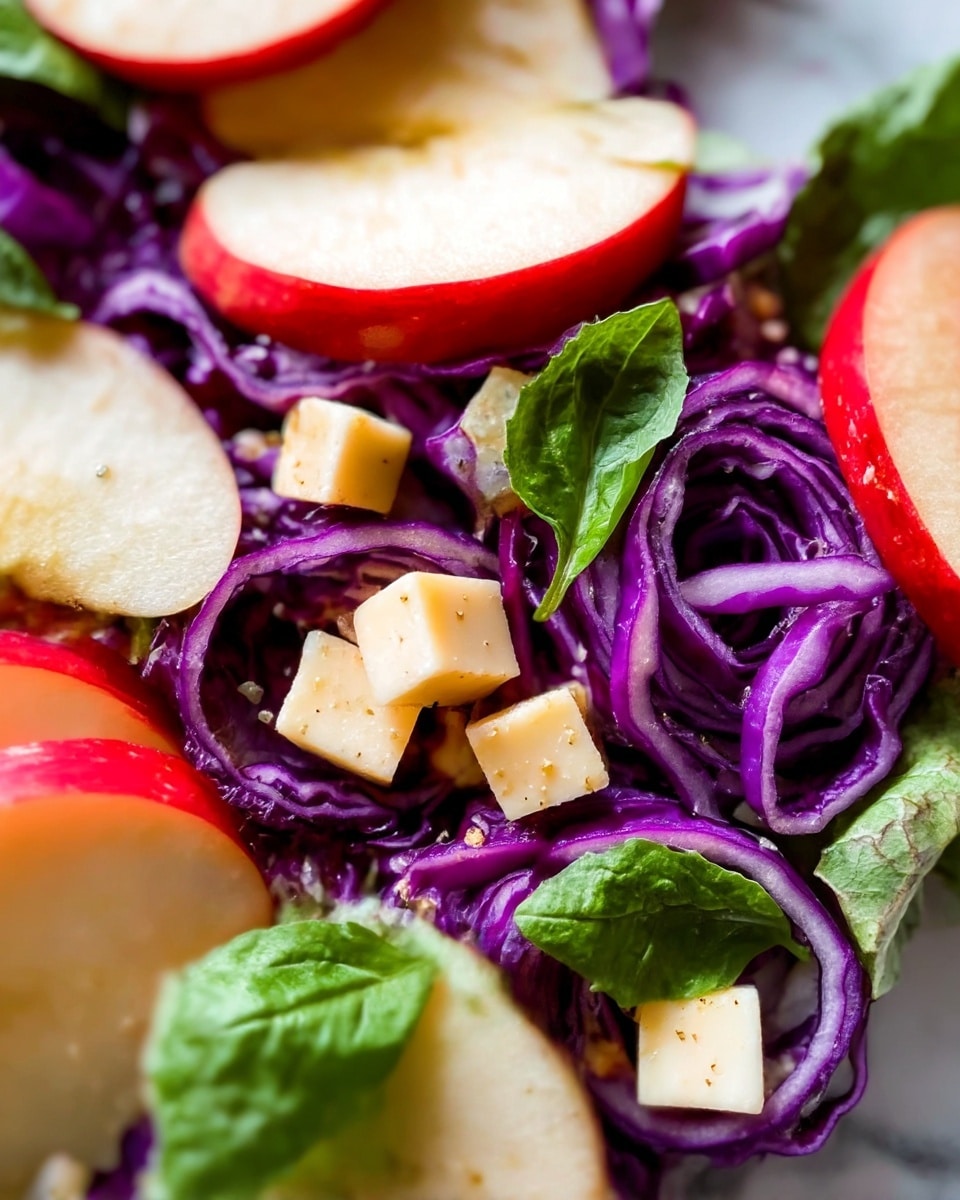 The image shows a close-up of a fresh salad with purple cabbage spirals making up the main layer, bright red and white sliced apples arranged on top, and small cubes of light yellow cheese scattered throughout. Fresh green leaves are placed evenly across the salad, adding a pop of color and texture among the cabbage and apples. The detailed, natural textures and colors of the cabbage, apples, cheese, and leaves give the salad a vibrant, fresh look, set against a white marbled background. Photo taken with an iphone --ar 4:5 --v 7