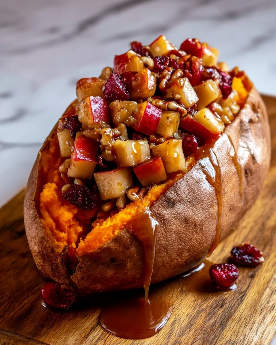 The image shows a baked sweet potato split open, revealing a bright orange soft inside layer, topped with a thick layer of chopped fruits and nuts. The topping consists of small cubes of red and yellow apples, red cranberries, and pecan halves, all coated with a shiny brown syrup that drips down the sides. The sweet potato skin is brown and slightly wrinkled. It is placed on a wooden board with a rustic look but is set against a white marbled surface. photo taken with an iphone --ar 4:5 --v 7