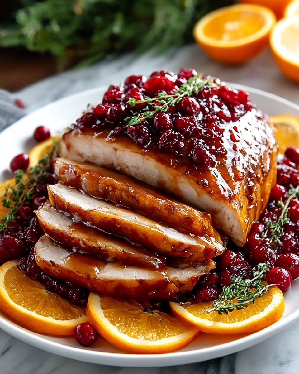 A white plate holds a sliced roast covered with a shiny brown glaze, surrounded by a layer of bright red cranberries. The roast is cut into several thick slices, showing a light, juicy inside beneath the caramelized outside. On top of the roast, there are small red cranberry pieces and green thyme sprigs, adding texture and color. Around the edge of the plate, there are thin orange slices placed in a circle. The plate is set on a white marbled surface with some blurred greenery and orange halves in the background. photo taken with an iphone --ar 4:5 --v 7