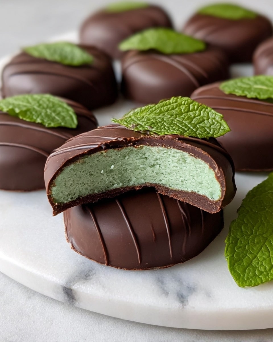 The image shows several round chocolates with a smooth dark brown outer layer, arranged on a white plate with a white marbled texture surface. One chocolate is cut in half and placed on top, revealing a dense, light green filling inside with a slightly grainy texture. Each chocolate is decorated with a fresh, bright green mint leaf on top, and some have thin dark chocolate drizzles creating lines on the surface. The arrangement is close-up, emphasizing the contrast between the dark chocolate and the green filling and leaves. Photo taken with an iphone --ar 4:5 --v 7