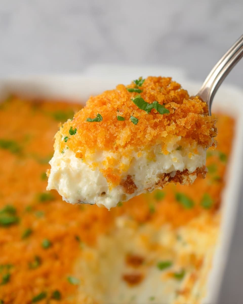 A close-up of a spoonful of creamy casserole with three clear layers: the bottom layer is crispy and golden brown with small bits, the middle layer is smooth and white with a cheesy texture, and the top layer is a crunchy, bright orange crumb topping sprinkled with small green herb pieces. In the background, a white baking dish filled with the same casserole shows the crunchy orange topping and scattered green herbs, set against a white marbled texture. Photo taken with an iphone --ar 4:5 --v 7