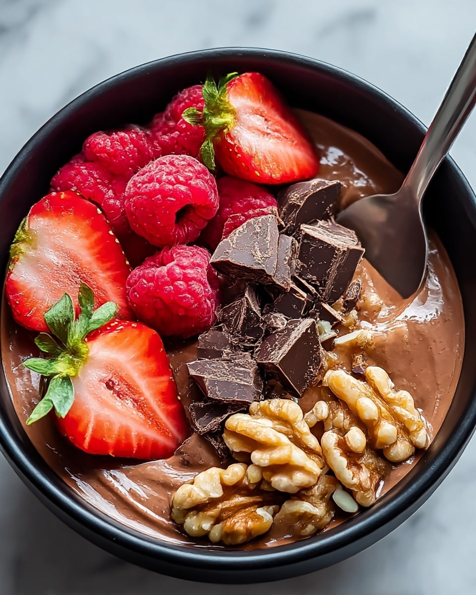 A black bowl filled with a smooth, creamy chocolate base that is rich brown in color. On top, there are several layers of toppings arranged side by side: deep red raspberries, fresh bright red strawberry halves with green leaves, dark slippery chocolate chunks, and light brown walnut pieces with rough texture. A metal spoon is placed inside the bowl on the right side. The bowl is set on a white marbled surface. The photo was taken close-up with sharp details. photo taken with an iphone --ar 4:5 --v 7