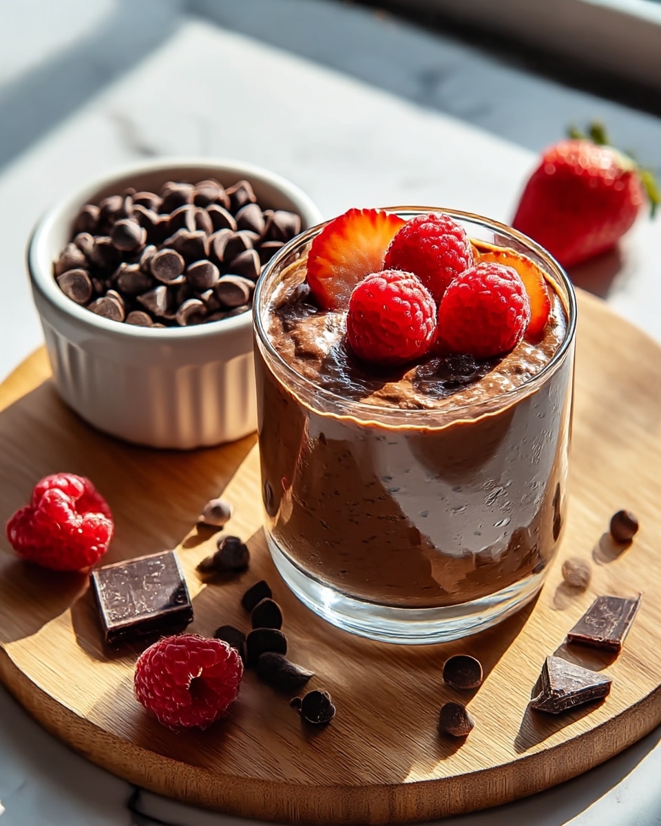 A glass filled with rich, dark brown chocolate mousse topped with three bright red raspberries, two small orange strawberry slices, and several dark brown chocolate chips scattered over the surface; placed on a round wooden board next to a small white bowl filled with more dark chocolate chips and two raspberries, with small pieces of chocolate scattered around. The background is a white marbled texture with bright natural light shining from the window. photo taken with an iphone --ar 4:5 --v 7