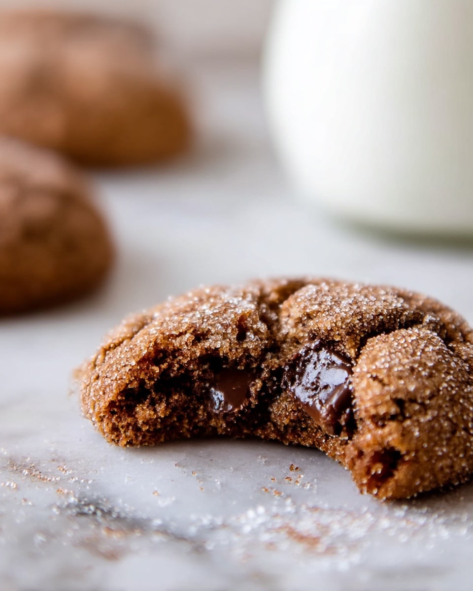 A close-up view of a single partially bitten soft cookie that has a deep brown color and a sugar coating, showing a moist and chewy inside with chocolate chunks visible in the center. The cookie rests on a white marbled surface with some crumbs and sugar scattered around. In the background, another cookie is slightly blurred, and a white rounded container is also faintly seen. photo taken with an iphone --ar 4:5 --v 7