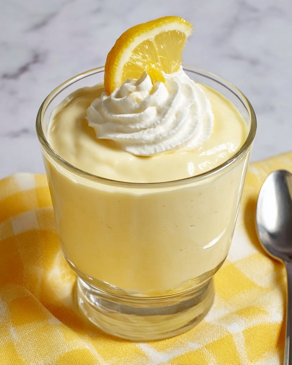 A transparent glass cup filled with a thick, creamy pale yellow mousse, topped with a swirl of white whipped cream in the center, and a small bright yellow lemon wedge placed on top of the cream. The glass is sitting on a white marbled surface with a yellow checkered cloth underneath, and a silver spoon is visible in the background to the right. photo taken with an iphone --ar 4:5 --v 7