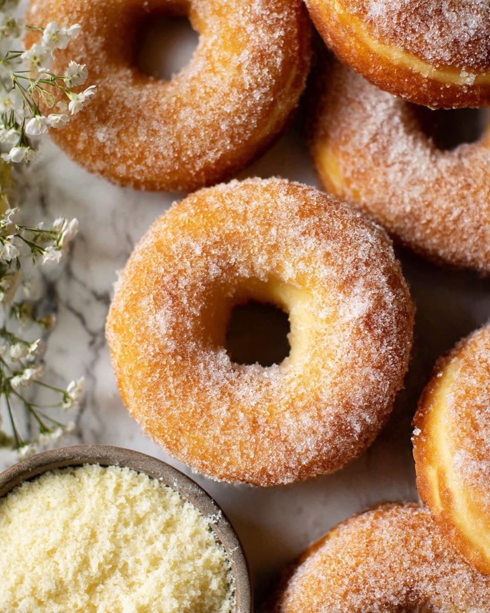 The image shows several golden-brown doughnuts covered in a fine layer of white sugar, giving them a slightly rough, sparkly texture. The doughnuts have a classic ring shape with a hole in the middle and appear fluffy and soft. They are close together, filling the frame, with one doughnut in clear focus in the center. Below them is a small bowl filled with a light, crumbly white powder, partially visible. Some small white flowers peek in from the upper left corner, adding a gentle touch. The background has been changed to a white marbled texture. Photo taken with an iphone --ar 4:5 --v 7