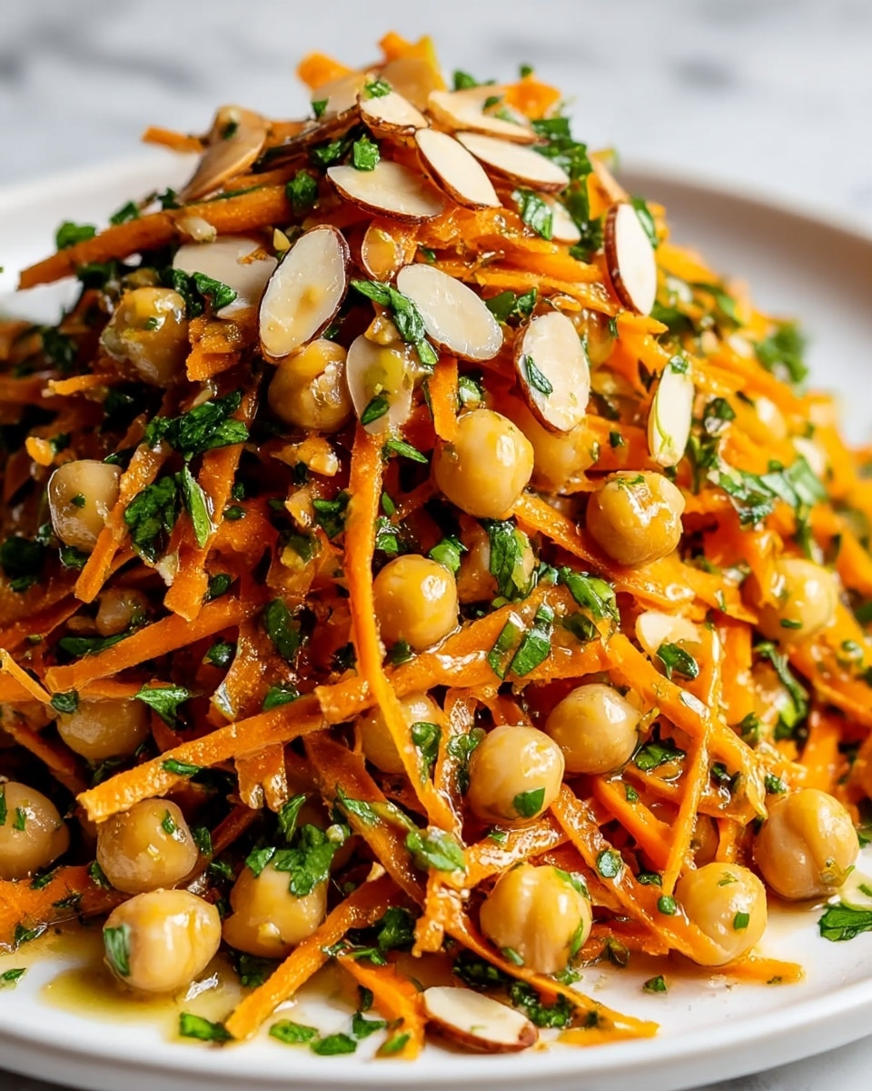 A close-up of a salad piled high on a white plate, showing bright orange shredded carrot strands mixed with whole light beige chickpeas and small pieces of chopped green herbs scattered throughout. Thin slices of light brown nuts or seeds are spread over the top, all coated with a glossy, slightly oily dressing that gives a fresh and vibrant look. The different textures from the smooth chickpeas, crunchy nuts, and soft carrot strands create a colorful, inviting mix against the white plate and white marbled background. photo taken with an iphone --ar 4:5 --v 7