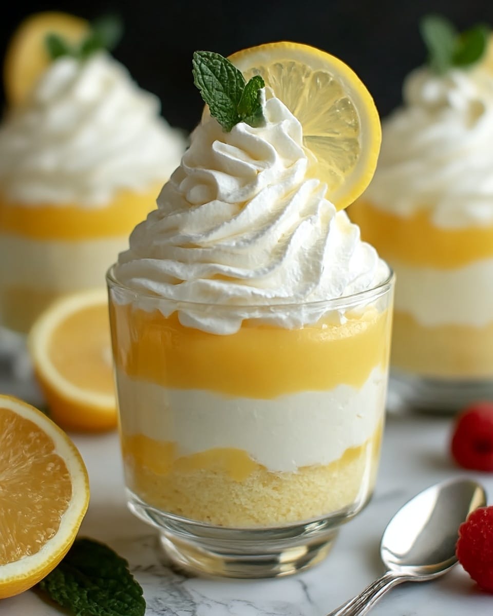 A clear glass cup filled with a three-layer dessert is shown against a white marbled texture. The bottom layer is a pale yellow cake, followed by a white creamy layer in the middle, and a smooth bright yellow lemon curd layer on top. Swirls of white whipped cream cover the dessert, forming a peak that holds a thin lemon slice and two small green mint leaves. In the background, two more similar desserts are blurred, along with a halved lemon and a raspberry next to a silver spoon. Photo taken with an iphone --ar 4:5 --v 7