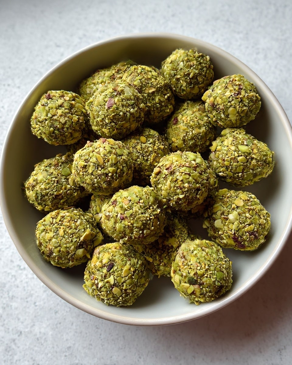 A white bowl filled with about nineteen round balls covered in crushed green pistachio nuts. Each ball is evenly coated, showing a rough texture from the chopped nuts. The balls are arranged closely together, filling the bowl completely. The bowl is placed on a white marbled textured surface. photo taken with an iphone --ar 4:5 --v 7