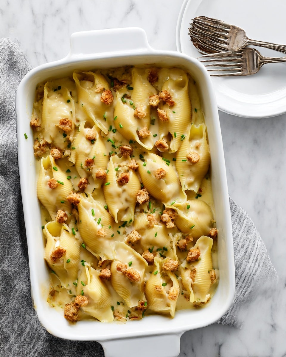 The image shows a white rectangular baking dish filled with large pasta shells arranged in two neat layers, each shell lightly covered with creamy sauce and topped with small golden-brown croutons. The pasta shells are a pale yellow with a smooth texture and are nestled closely together. Scattered green chives add a fresh green contrast to the dish. The creamy sauce appears rich and slightly melted over the shells and croutons, making the dish look warm and inviting. The dish is placed on a white marbled surface, next to a white plate and a folded grey and white striped cloth with two silver forks on it. photo taken with an iphone --ar 4:5 --v 7