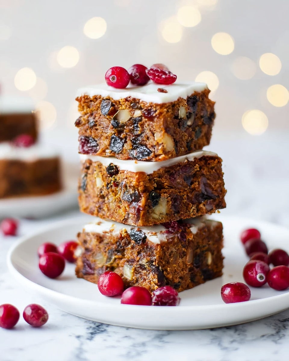 Four square pieces of fruit cake are stacked on a white plate placed on a white marbled surface. The cake has three layers: a dense brown cake base with visible dark brown, black, and white chunks of dried fruits and nuts inside, a thin layer of white icing on top, and bright red fresh cranberries scattered on and around the cake. The background is softly blurred with white light bokeh, creating a cozy, festive look. photo taken with an iphone --ar 4:5 --v 7