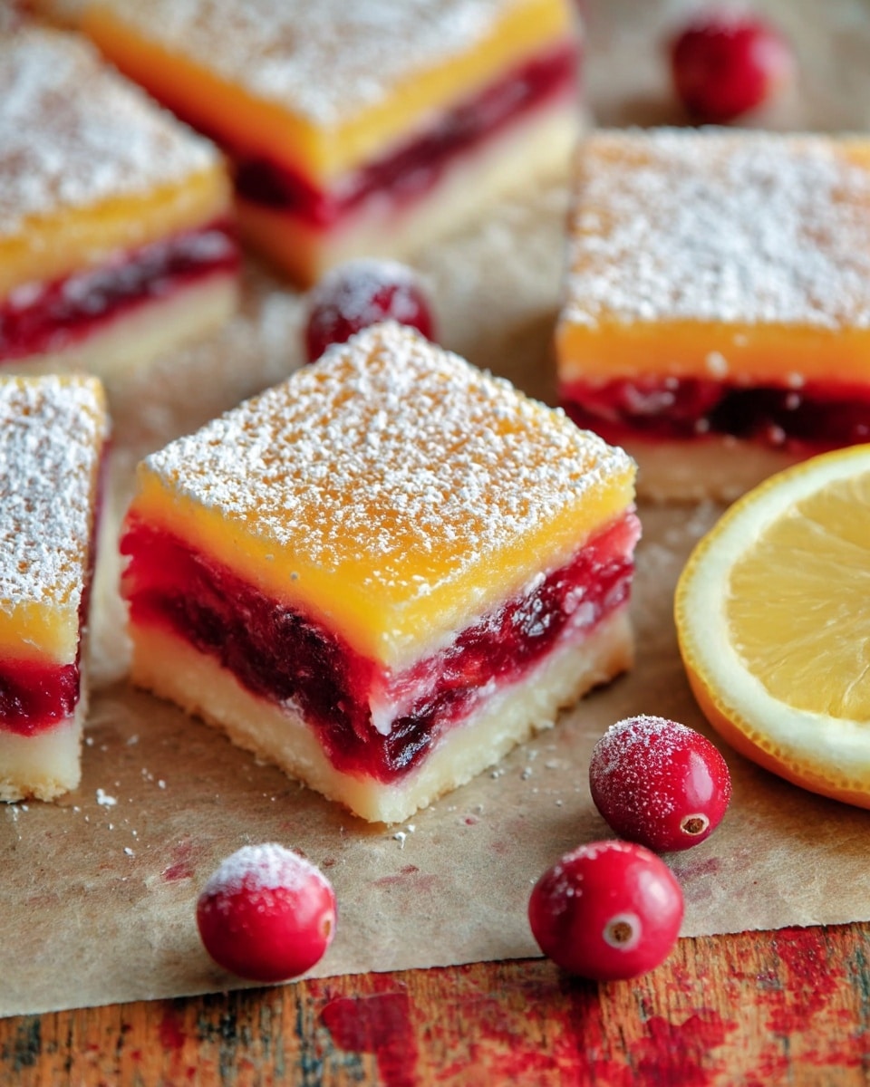 The image shows square lemon cranberry bars laid on light brown parchment paper over a wooden surface. Each bar has three clear layers: the bottom layer is a pale, slightly crumbly crust; the middle layer is a deep red, glossy cranberry filling with visible small cranberry bits; the top layer is a thick, smooth, orange-yellow lemon custard dusted with a generous layer of white powdered sugar. Around the bars, there are a few whole fresh cranberries with a shiny surface and half a lemon with a bright yellow rind and textured pale yellow interior. The wooden surface beneath the parchment is partially visible with some red cranberry juice stains. Photo taken with an iphone --ar 4:5 --v 7