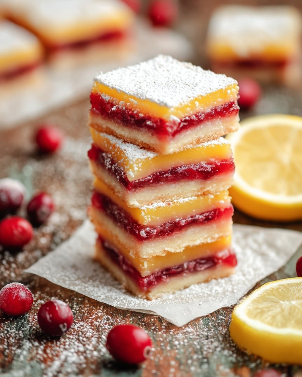 The image shows a stack of three square layered lemon and cranberry bars. Each bar has four layers: a light golden-brown bottom crust, a bright red cranberry filling as the second layer, a smooth yellow lemon layer on top of the cranberry layer, and a dusting of white powdered sugar covering the top. The stack is placed on a piece of parchment paper on a rustic wooden surface with scattered powdered sugar, whole cranberries, and a cut lemon half nearby. More lemon and cranberry bars can be seen blurred in the background. The photo is taken with an iphone --ar 4:5 --v 7