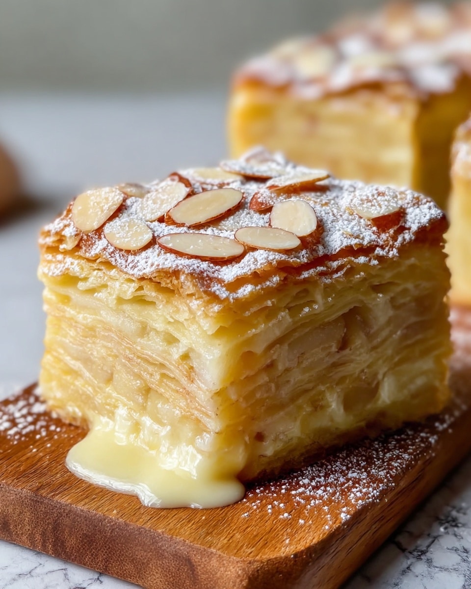 A close-up of a square slice of layered apple cake on a wooden board with a white marbled background. The cake has many thin, golden-yellow layers of apple and dough stacked closely together. The top is golden-brown with thin slices of toasted almonds scattered over a light dusting of powdered sugar. A small amount of creamy, light yellow filling oozes out slightly at the bottom edge. In the background, another piece of the same cake is slightly blurred. Photo taken with an iphone --ar 4:5 --v 7