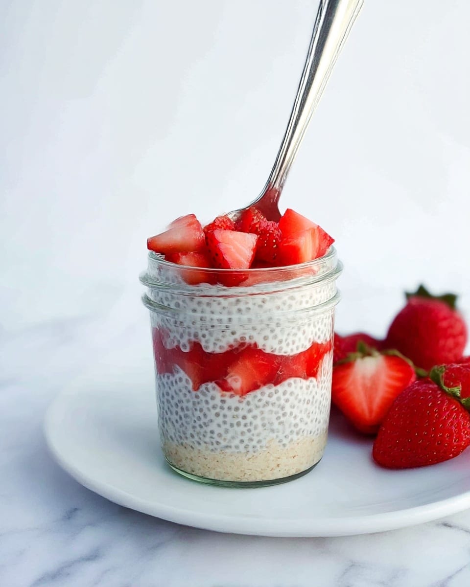 A small clear glass jar shows a layered dessert with four distinct layers: at the bottom is a light beige crumbly layer, above it is a creamy white chia pudding with visible chia seeds, then a layer of bright red chopped strawberries, followed by another thick layer of the same chia pudding. The top is garnished with more chopped strawberries. A silver spoon is inside the jar, leaning outwards. The jar is placed on a white plate on a white marbled surface, with whole strawberries scattered around the plate. photo taken with an iphone --ar 4:5 --v 7