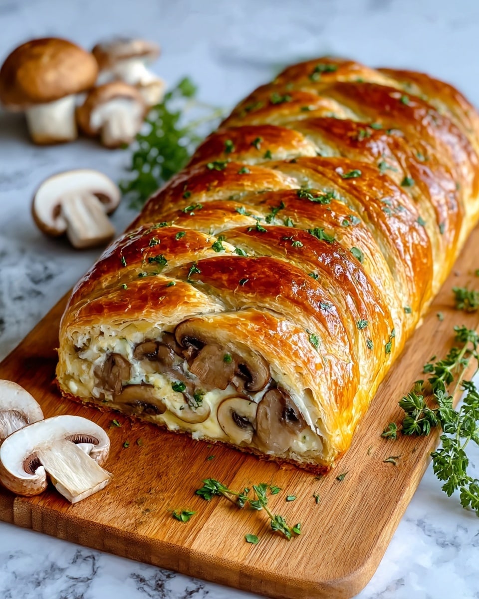 A golden brown braided puff pastry loaf sits on a wooden cutting board, its shiny crust sprinkled with fresh green herbs. The loaf is cut to show the inside layers: a bottom layer of flaky pastry, a middle layer filled with creamy white cheese, and a top layer of sliced cooked mushrooms with a slightly browned edge. The braid pattern on the pastry is clear with overlapping strips, each puffed and crispy. Around the board are fresh mushrooms and sprigs of green herbs, all set against a white marbled texture. Photo taken with an iphone --ar 4:5 --v 7