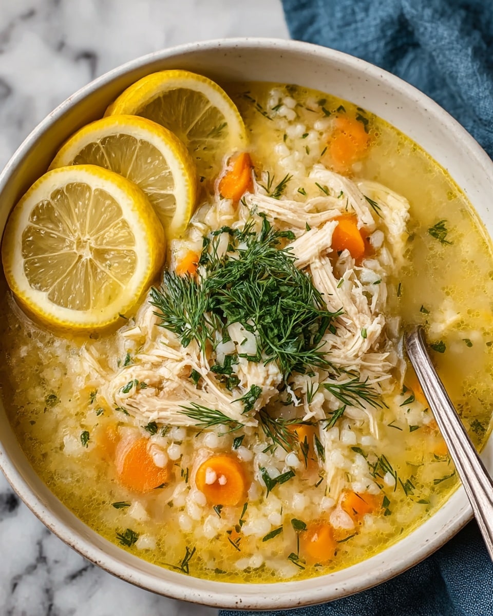 A bowl filled with a warm soup shows three yellow lemon slices leaning against the inside left edge of the white bowl. The soup has a light golden broth with visible grains of white rice and small orange carrot pieces mixed throughout. Shredded white chicken is spread on top with chopped green herbs and a small pile of fresh dill in the center. A spoon rests inside the bowl on the right side. The bowl sits on a white marbled surface with a blue cloth partially visible underneath. photo taken with an iphone --ar 4:5 --v 7
