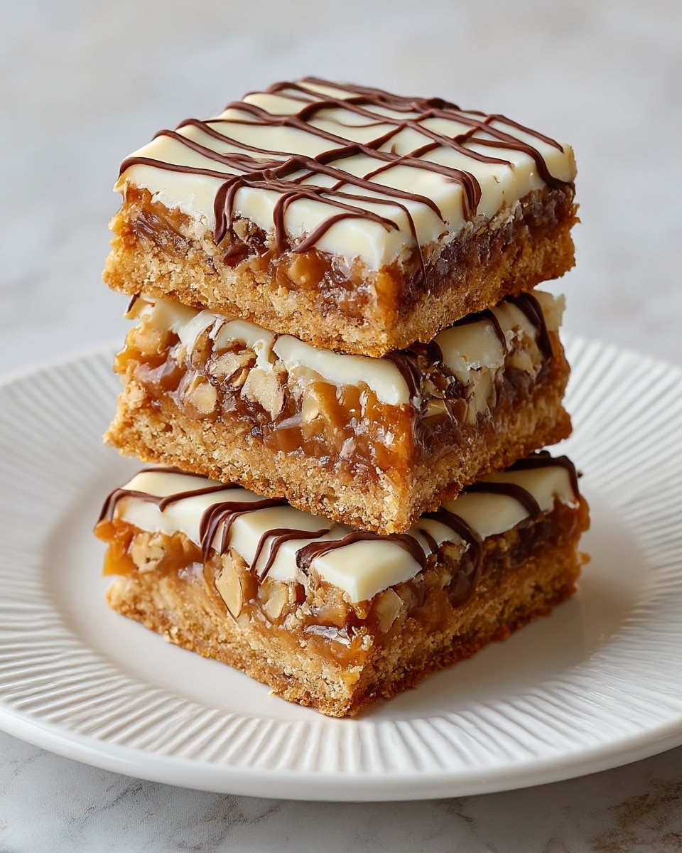 A stack of three thick dessert bars rests on a white plate with ridged edges, placed on a white marbled surface. Each bar has three distinct layers: the bottom is a dense, crumbly golden-brown crust with visible chunks of nuts; the middle layer is a sticky, rich caramel filled with more nuts that add a textured, chewy look; the top layer is a smooth, creamy white icing drizzled with thin, dark brown chocolate lines in a zigzag pattern. The bars are neatly cut into squares, with the top bar slightly offset to reveal its thick layers clearly. Photo taken with an iphone --ar 4:5 --v 7